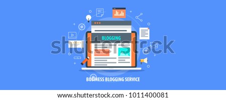 Business Blogging, Commercial Blog posting, Internet Blogging service flat design vector illustration with icons