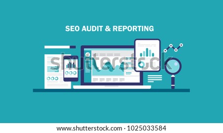 SEO reporting, data monitoring, web traffic analytics, Big data flat vector illustration on green background