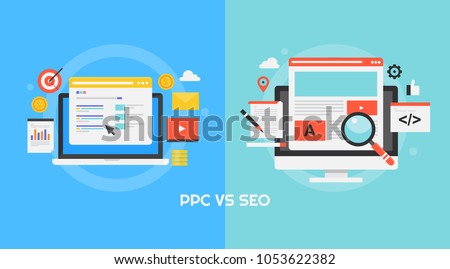 Comparison between PPC and SEO - Concept of Pay per click vs Search engine optimization flat vector banner