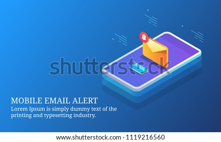 Mobile email alert, email notification, mobile marketing app - 3D isometric design conceptual banner