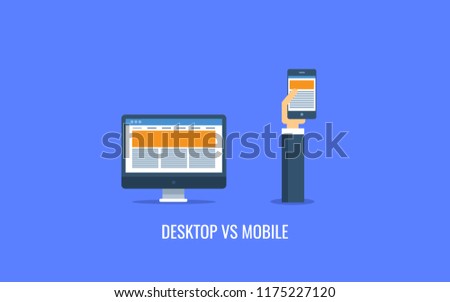 Desktop vs Mobile, Comparison, responsive design format flat design vector illustration isolated on blue background