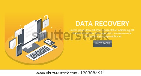 Data recovery, Data security system flat design vector 3D isometric banner with icons and texts