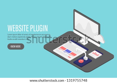 3D, Isometric flat concept of Website plugin, digital marketing, website analysis vector illustration