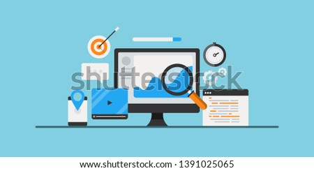 Seo traffic analysis, Successful seo campaign, Onpage and off Page SEO, flat design vector conceptual illustration on light background