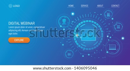Futuristic concept of Digital Webinar, Online Event, Virtual Seminar, Web cast technology, vector illustration with icons and texts