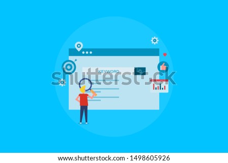 keyword research, Seo keyword, Website, content - flat design vector banner with icons and character isolated on blue background Stock foto © 