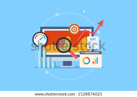Flat design concept of KPI analytics, analyzing data on computer screen, Marketing KPI - vector illustration with icons