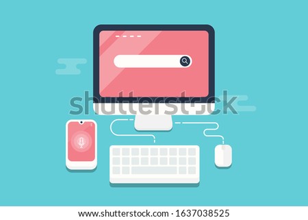 Search engine optimization, Voice search, Search bar on computer screen, Searching online - conceptual flat design vector illustration