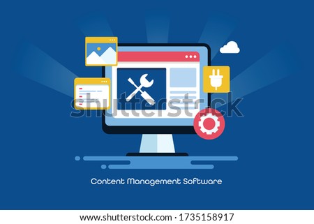 CMS software, CMS website technology, content management system - conceptual vector illustration with icons