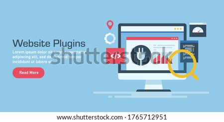 Website plugin concept, Plugin for CMS website, SEO plugin for marketing - conceptual vector banner illustration with icons and texts