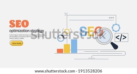 Thin line vector for SEO optimization, Search algorithm, SEO analysis, Digital marketing, SEO friendly website - conceptual illustration with icons
