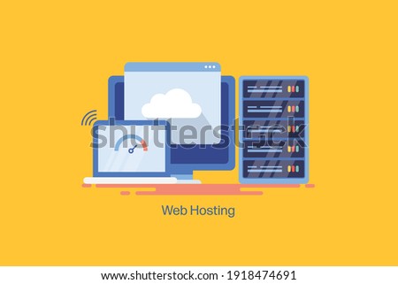 Concept of website hosting, cloud hosting, Cloud storage, internet server, business hosting service - flat design vector illustration with icons