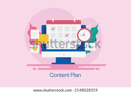 Content calendar, Content plan, Social media strategy, Content scheduler - flat design vector illustration with icons