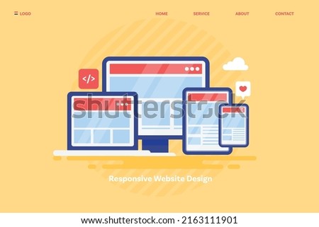 Multi screen resolution of responsive website on different devices, Responsive web design development - flat design vector landing page template