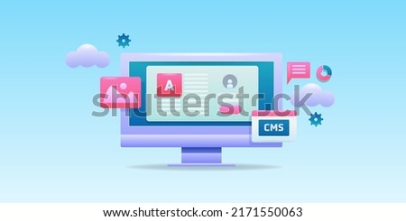 3D content management system, CMS, Website software, Security, Website builder concept - vector illustration with icons