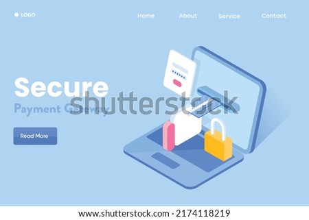 Pay securely - Payment gateway - Online payment - Hand with credit card concept - 3D isometric vector illustration with icons and texts