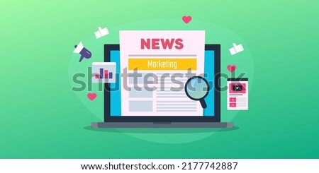 Online news, Journal, Digital press release, Sharing news on social media, online news channel - flat design vector illustration with icon on isolated background