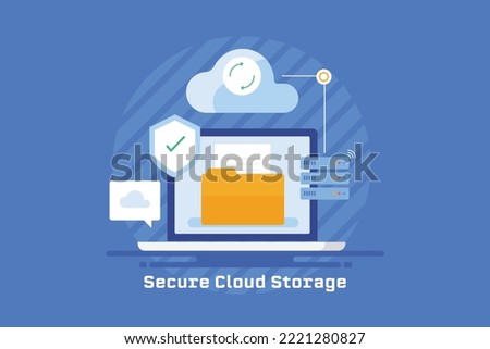 Uploading file to secure cloud storage, Cloud computing network, data sync to cloud server - flat design vector illustration banner