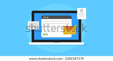 Compose email, Writing email, Email marketing, Email application on laptop screen - vector illustration with icons