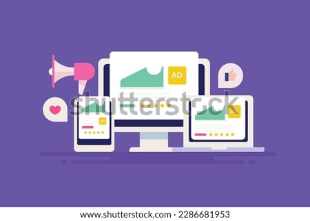 Digital display advertising, Omni channel marketing, Cross device responsive ads - flat design vector illustration with icons