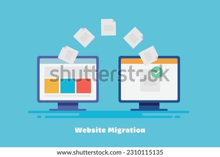 Web hosting concept, Website migration, Online website file transfer. Uploading website to a new server - vector illustration with icons