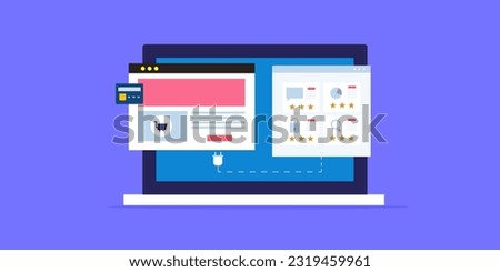 Installing plugins in eCommerce website. eCommerce plugin integration. CMS plugin - vector illustration background with icons