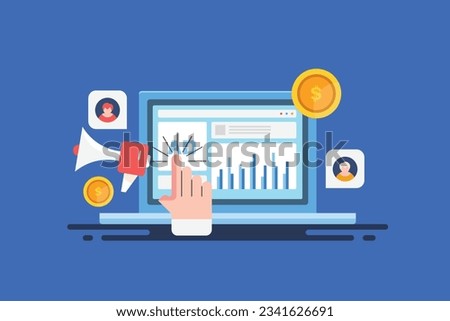 Digital advertising campaign monitoring. Digital marketing data analysis. Brand marketing, Website traffic report. Content analysis - Vector illustration background with icons