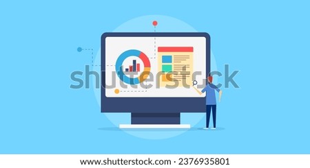 Business data analytics, Business, marketing KPI, Key performance indicator, Data analysis report on computer monitor - vector illustration background with icons
