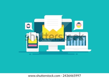 Email marketing campaign monitoring, Email marketing response from customers, Sending promotional messages, digital content strategy - vector illustration banner with icons