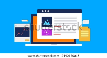 Adding new content to website, Informative content blog post, article, video content increasing impression on search engine and driving website traffic - vector illustration background