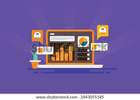 Search engine advertising data analysis on a web based software, PPC campaign monitoring, Ad analytics software generating report with graph and charts - vector illustration with icons
