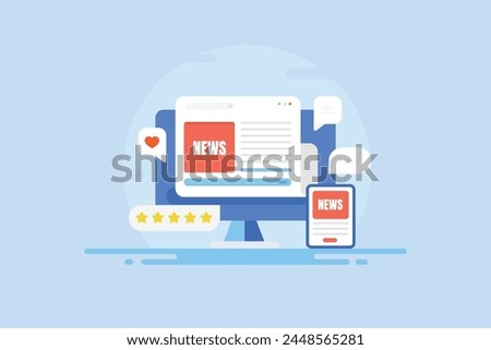 Online news publication, Online press release, Digital media, News portal website, News feed on mobile and computer screen, publishing article and journal - vector illustration banner with icons