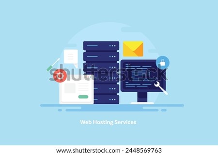 Web hosting service, Server under maintenance, Website system update, Website migration, email hosting service - vector illustration with icons