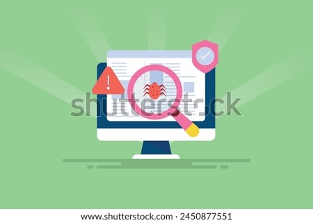 Malware removal from system, debugging technology, Virus removal, Website virus scan, cyber security - vector illustration background with icons