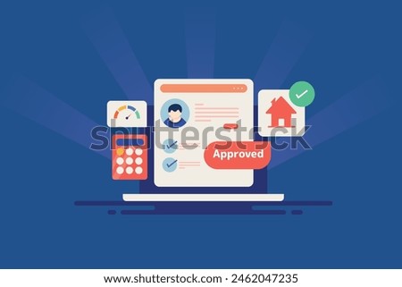 Home loan approval online, Applying for home loan, Bank loan application, Home loan approved - vector illustration banner with icons