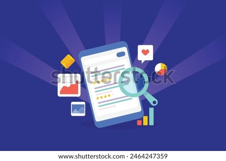 Mobile SEO optimization, Website ranking for Mobile search, SEO analysis and report, Browsing search results on mobile screen - vector illustration with icons