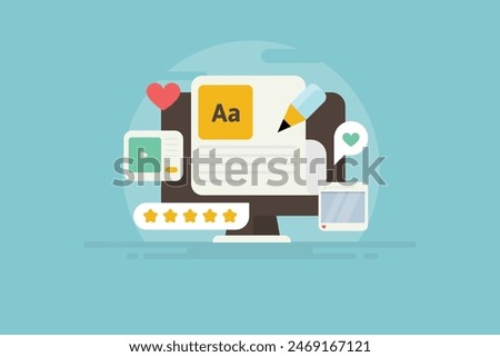 Creative content writing, Creative content for Social media, Blog. Helpful content for search engine. Content likes, share, views - vector illustration with icons