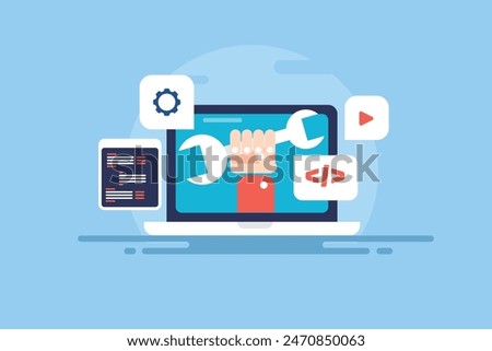 Website under maintenance, Scheduled website maintenance service, Server and system update, Website software update - vector illustration with icons