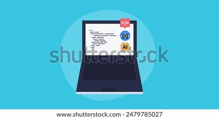 Ai code assistance, Artificial intelligence writing codes, AI generating codes - vector illustration with icons