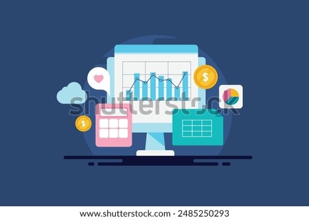 Business using CRM software for accounting, Cloud based CRM technology managing inventory, sales, accounting and customer support. CRM financial analytics - vector illustration with icons