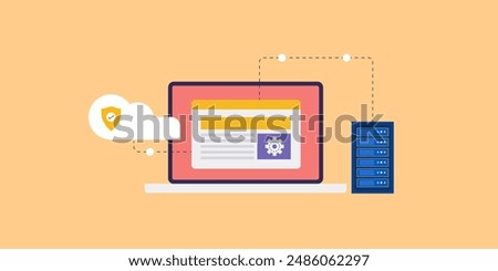 Cloud web hosting, Website hosted on cloud server, Cloud computing technology. Data securely stored on cloud server - vector illustration with icons