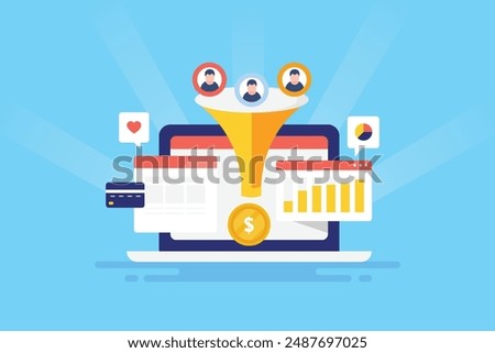 Sales funnel optimization, Website funnel, customer conversion optimization, Lead generation, Qualified leads - vector illustration background with icons