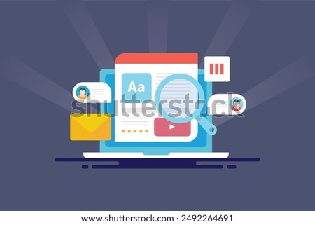 Content based marketing, Sharing content on social media, search engine and email subscriber, email content marketing, SEO, Social media marketing - vector illustration with icons