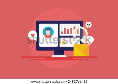 Customer analysis, Creating customer profile, Buyer persona creation, CRM software for customer communication - Vector illustration background with icons