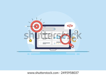 SEO analysis, Add SEO code in the website, SEO ranking optimization, Website SEO, Keyword target marketing - vector illustration with icons