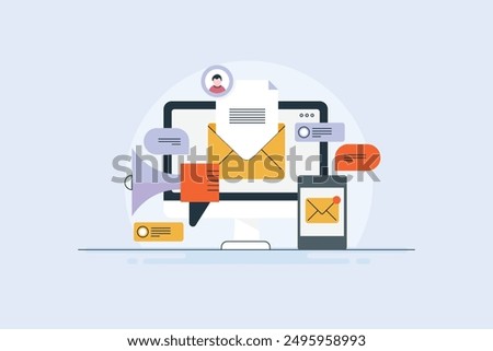 Email promotion campaign, Sending email, newsletter to customers, Audience engaged with email content, Communication mail - vector illustration with icons