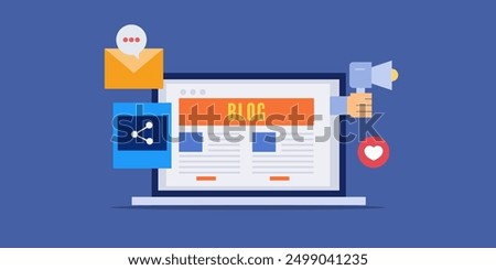 Content marketing blog, Writing blog for content marketing, Sharing content through social media, email marketing and SEO - vector illustration background with icons