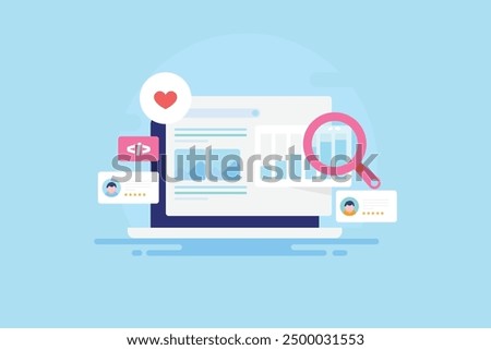 SEO analysis, SEO tool analysis of website ranking on search engine result page, SERP, SEO report - vector illustration flat design banner with icons