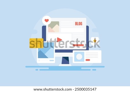 Blog CMS, Adding new content to blog, Sharing blog on social media, Blog subscribers, Content management system - vector illustration with icons