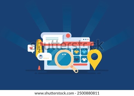 Business SEO, SEO for local shop, Offline Store SEO strategy, Business listing on search engine - vector illustration background with icons